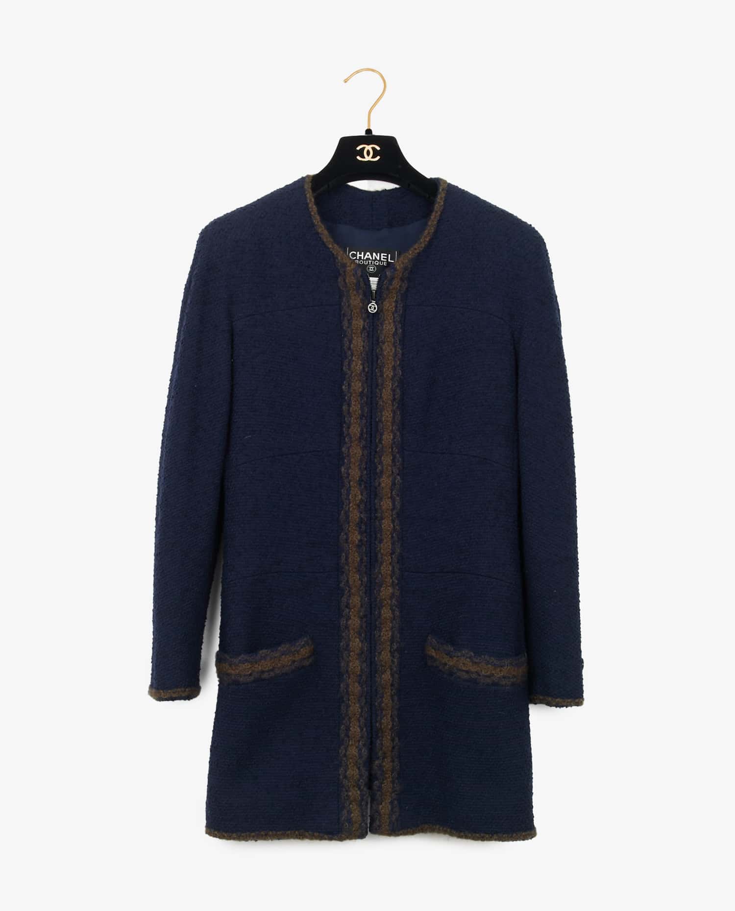 Chanel — Veste longue Chanel tweed bleu marine