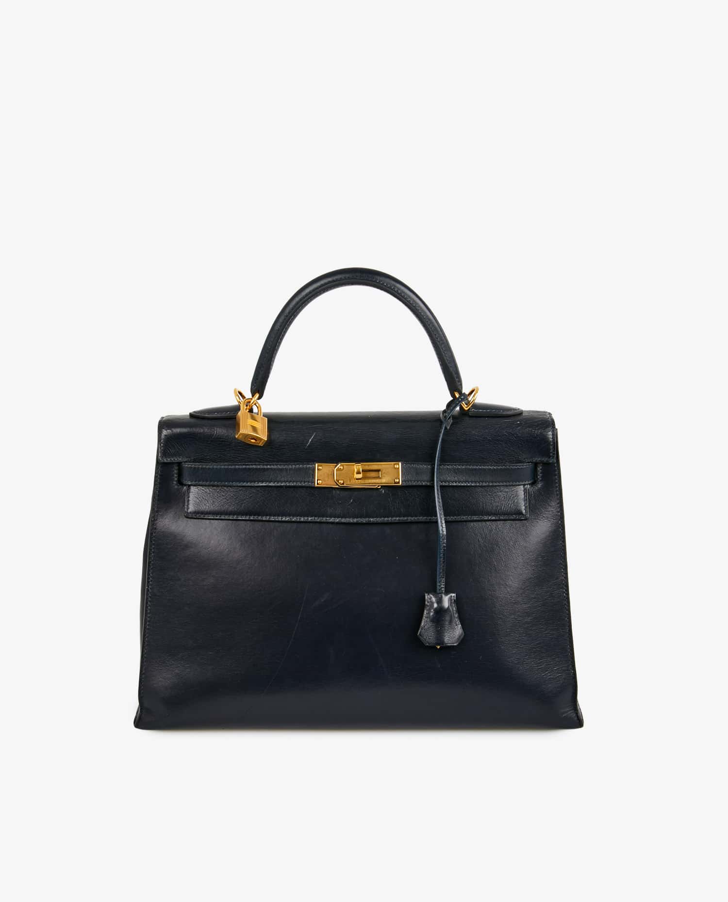 HERMÈS — Sac Kelly 32 Hermès box bleu marine