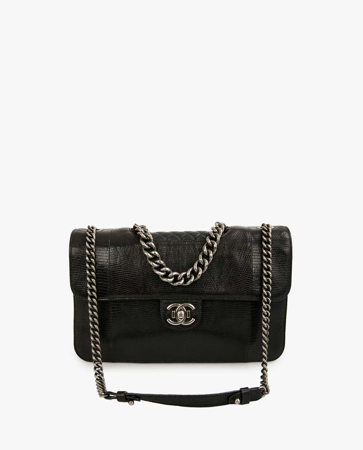 Chanel — Sac Chanel Double rabat lézard noir