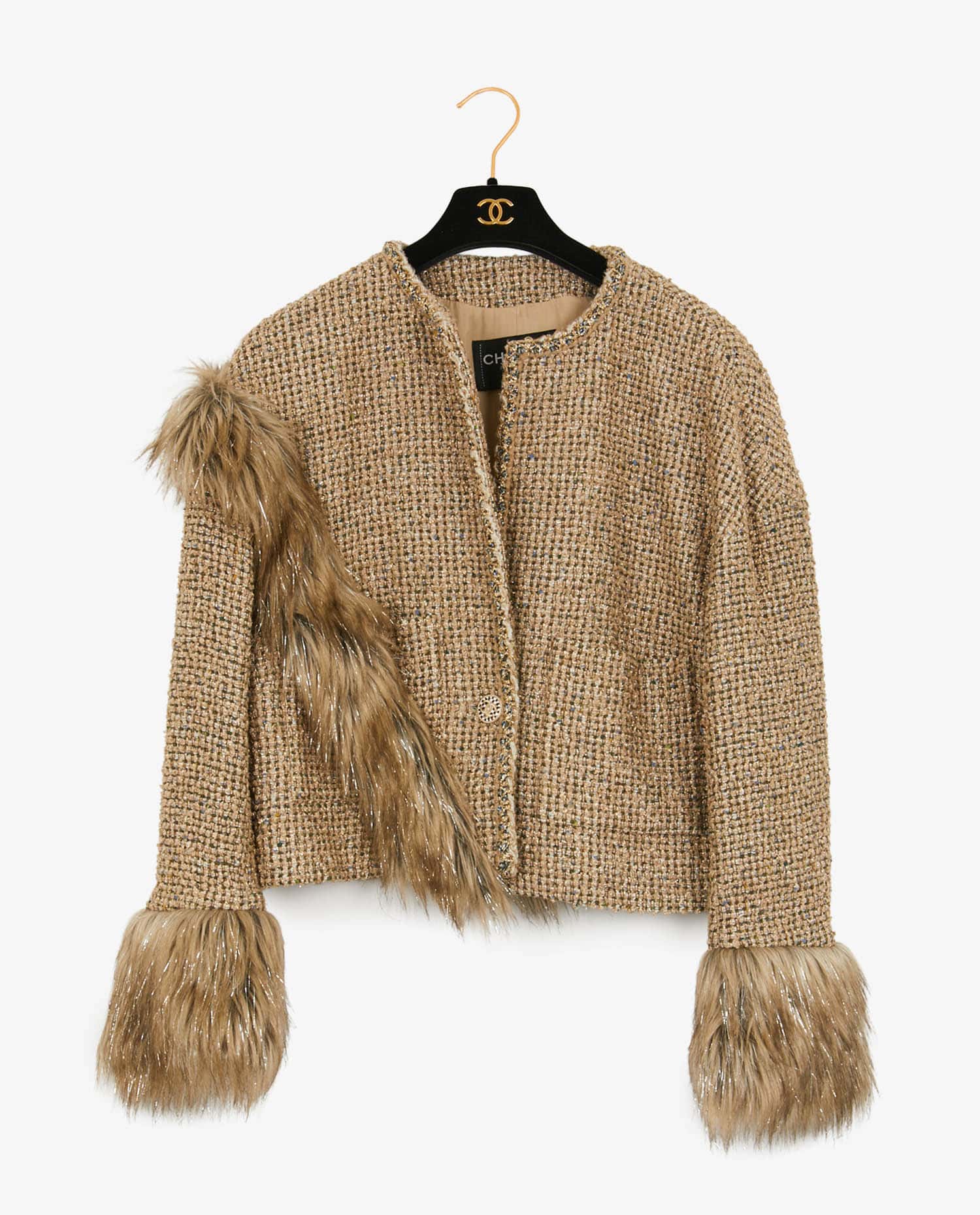 Chanel — Chanel gold tweed & faux fur jacket